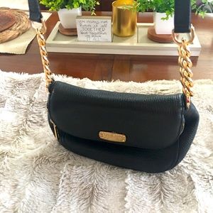 Michael Kors Black Genuine Leather Small Zip Gold Chain Crossbody.